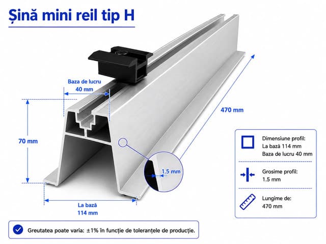 Șină mini-rail tip H 100mm × 330mm suport panouri fotovoltaice